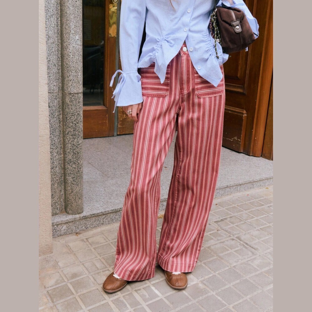 Rust Red Candy Striped Denim Wide Leg Pants